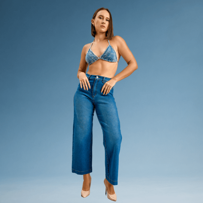 Mid Blue Wide Leg Denim Pant - Image 2