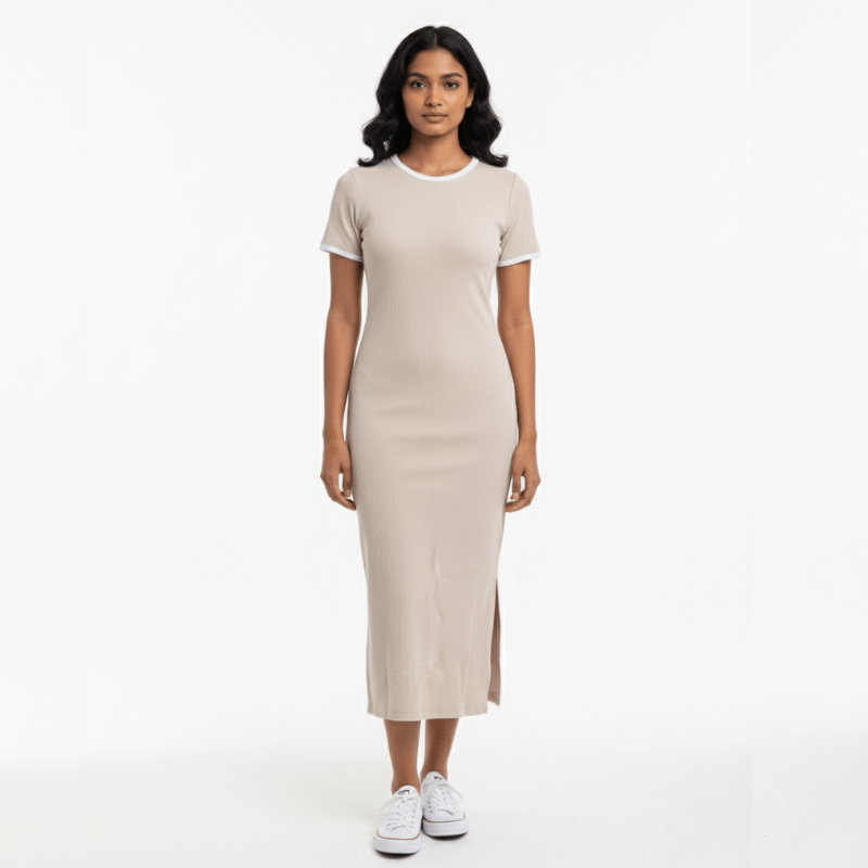 Untitled design-3 Beige Rib Midi Dress - Image 1